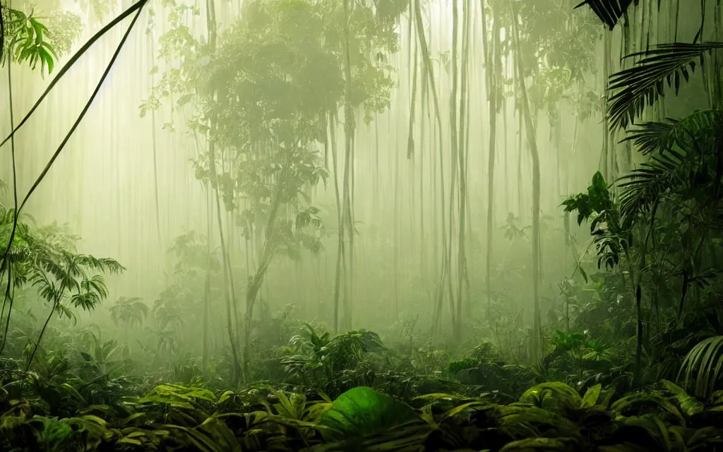 Image similar to a jungle floor with layers of dense foliage all around, misty background, vivid colors, intricate, elegant, smooth, sharp focus, golden hour lighting, film still from the movie directed by denis villeneuve with art direction by wayne barlowe and salvador dali, wide lens, f 3 2, 4 k