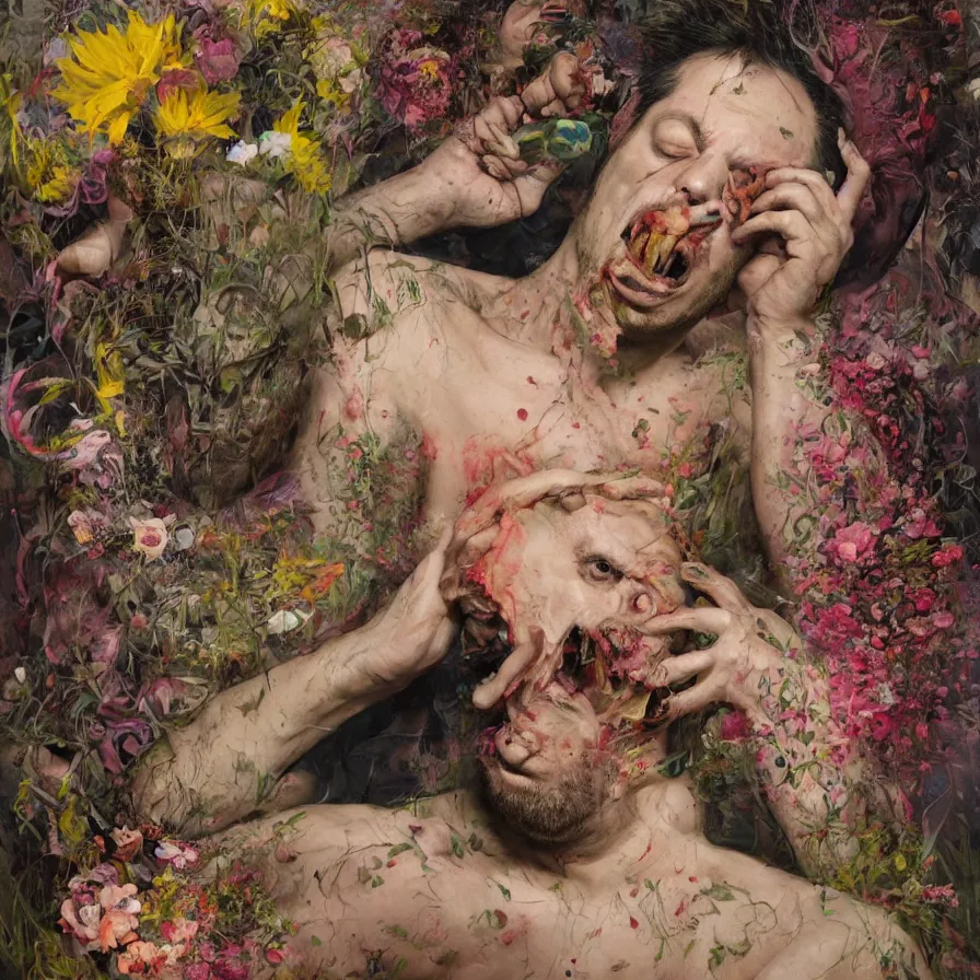 Image similar to male portrait of todd solondz eating rotten flesh and puking blood wearing a thong, surrounded by flowers by francis bacon, karol bak, james jean, tom bagshaw, rococo, trending on artstation, cinematic lighting, hyper realism, dramatic, emotional, octane render, 8 k, hyper detailed.