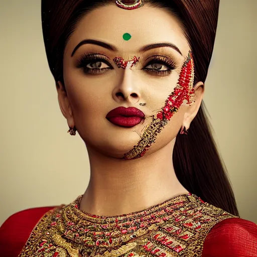 Prompt: Masterpiece head and shoulders portrait of Aishwarya Rai wearing assamese mekhela, background: assam tea garden, clear makeup, clean hair, dry skin, daz studio nvidia iray skin, airbrushed, bright eye makeup, beautiful feminine body, photo by mario testino, HDR 8k octane render, ray traced cinematic, hyper detailed, micro details, insanely detailed, trending on artstation, concept art