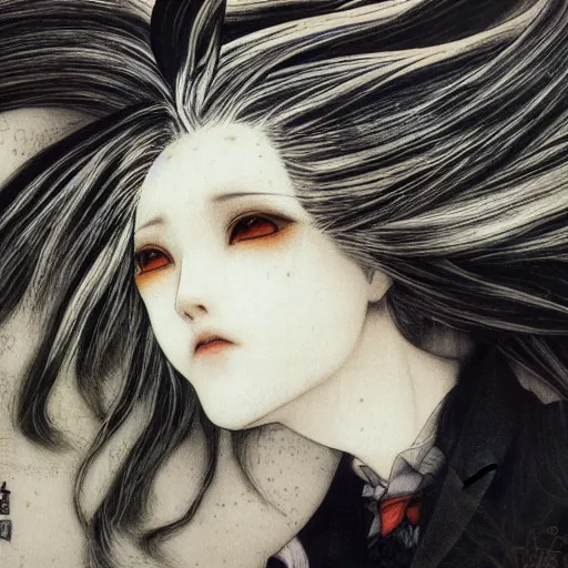 Image similar to Yoshitaka Amano realistic illustration of an anime girl wearing dress suit with tie with wavy white hair fluttering in the wind and cracks on her face, abstract black and white patterns on the background, noisy film grain effect, highly detailed, Renaissance oil painting, weird portrait angle