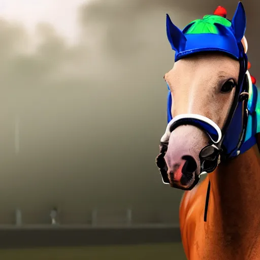 Prompt: close up front view of dense fog at a horse racing track. a glistening stallion ( ridden by a jockey in colorful outfit ) suddenly emerges from the fog head first, galloping extremely hard to win a race. professional, digital art, photorealistic, cinematic.