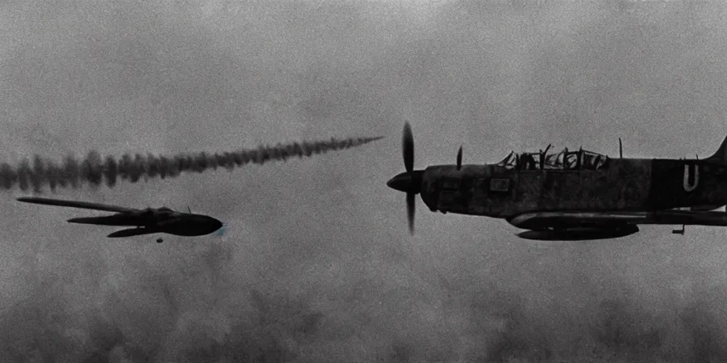 Prompt: detailed medium format photo, polaroid still from tarkovsky movie, british spitfire plane flying over a destroyed city, haze, high production value, intricate details, 8 k resolution, hyperrealistic, hdr, photorealistic, high definition, tehnicolor, award - winning photography, masterpiece, amazing colors