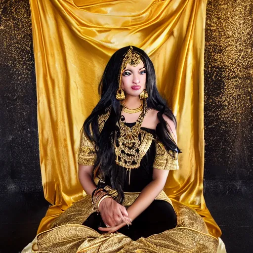 Image similar to aesthetic!!!!!! Portrait photograph of a female genie in Arabic clothing, black skin, long black hair, gold tint, frontal pose, cinematic lighting, silk, fabric, full-length view, 8K, symmetrical balance, in-frame, bokeh!!!!!! Graphex camera, extremely detailed