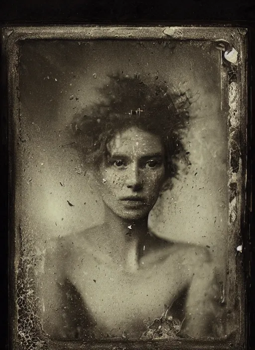 Image similar to old wetplate daguerreotype portrait with crackle skin, explosion of data fragments, fractal, intricate, elegant, highly detailed, parallax, leica, medium format, subsurface scattering, by jheronimus bosch and greg rutkowski and louis jacques mande daguerre