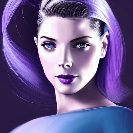 Image similar to A combination of Grace Kelly's and Katheryn Winnick's and Ashley Greene's faces with blue skin and short violet hair as Cortana from Halo, cyberpunk style, synthwave aesthetic, fantasy, intricate, elegant, highly detailed, digital painting, artstation, concept art, matte, sharp focus, illustration, half body portrait, anime style, blue tint, art by Artgerm and Greg Rutkowski and Alphonse Mucha