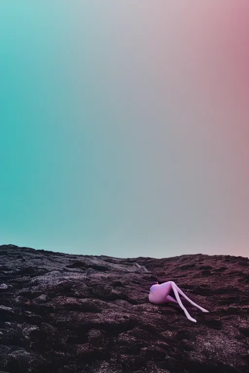 Image similar to high quality pastel coloured film close up wide angle photograph of a skeleton wearing clothing swimming on cloud furniture in a icelandic black rock environment in a partially haze filled dreamstate world. three point light, rainbow. photographic production. art directed. pastel colours. volumetric clouds. pastel gradient overlay. waves glitch artefacts. extreme facial clarity. 8 k. filmic.