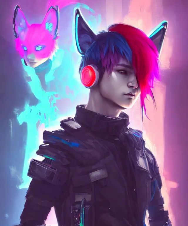 Image similar to character concept art of a cute cyberpunk boy with colorful hair and wolf ears wearing tight clothing | | cute - fine - face, pretty face, key visual, realistic shaded perfect face, fine details by stanley artgerm lau, wlop, rossdraws, james jean, andrei riabovitchev, marc simonetti, and sakimichan, trending on artstation