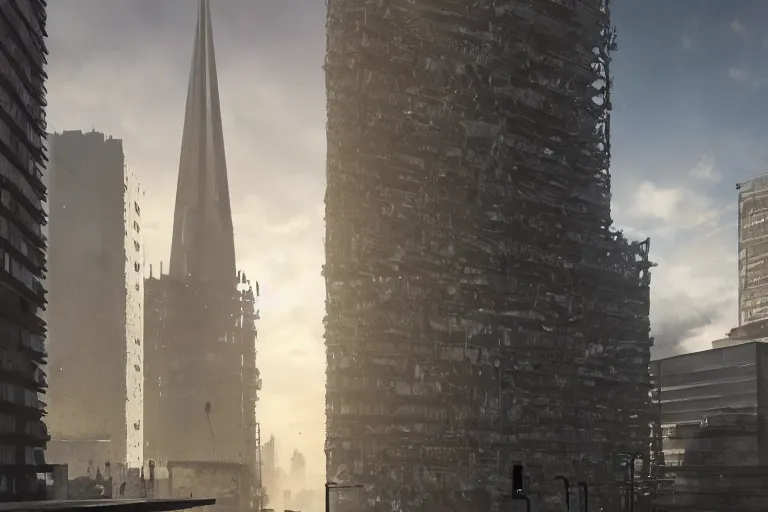 Image similar to streetscape, a towering cathedral of brutalist architecture, buildings covered with greebles, stunning volumetric light, sunset, metal, concrete and translucent material, stunning skies, majestic landscape, trending on Artstation, 8k, photorealistic, hyper detailed, unreal engine 5, IMAX quality, cinematic, epic lighting, in the style of Greg Rutkowski