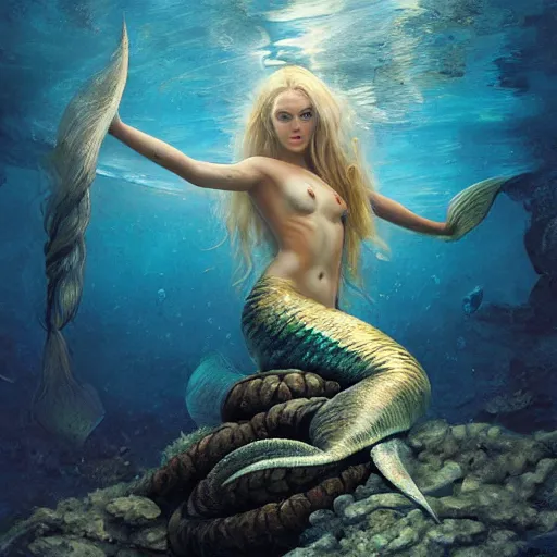 Image similar to High detail painting of a mermaid in a oyster, underwater fantasy world, full body, long blonde hair, blue eyes, fish tail, digital art, highly detailed, Greg Rutkowski, Chris Moore