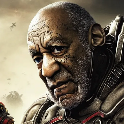 Image similar to Bill Cosby as 'Crusader-Patriot-Knight'!! in Gears of War, splash art, movie still, detailed face, photorealistic facial features, cinematic lighting, dramatic, octane render, long lens, shallow depth of field, bokeh, anamorphic lens flare, 8k, hyper detailed, 35mm film grain