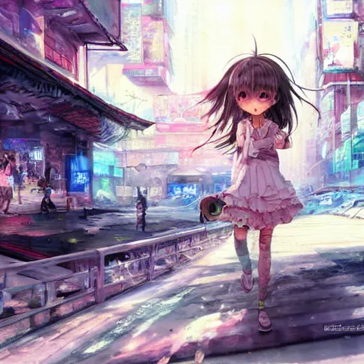 Image similar to dynamic composition, motion, ultra-detailed, incredibly detailed, a lot of details, amazing fine details and brush strokes, colorful and grayish palette, smooth, HD semirealistic anime CG concept art digital painting, watercolor oil painting of Clean and detailed post-cyberpunk sci-fi close-up schoolgirl in asian city in style of cytus and deemo, blue flame, relaxing, calm and mysterious vibes,, by a Chinese artist at ArtStation, by Huang Guangjian, Fenghua Zhong, Ruan Jia, Xin Jin and Wei Chang. Realistic artwork of a Chinese videogame, gradients, gentle an harmonic grayish colors. set in half-life 2, Matrix, GITS, Blade Runner, Neotokyo Source, Syndicate(2012), dynamic composition, beautiful with eerie vibes, very inspirational, very stylish, with gradients, surrealistic, dystopia, postapocalyptic vibes, depth of field, mist, rich cinematic atmosphere, perfect digital art, mystical journey in strange world