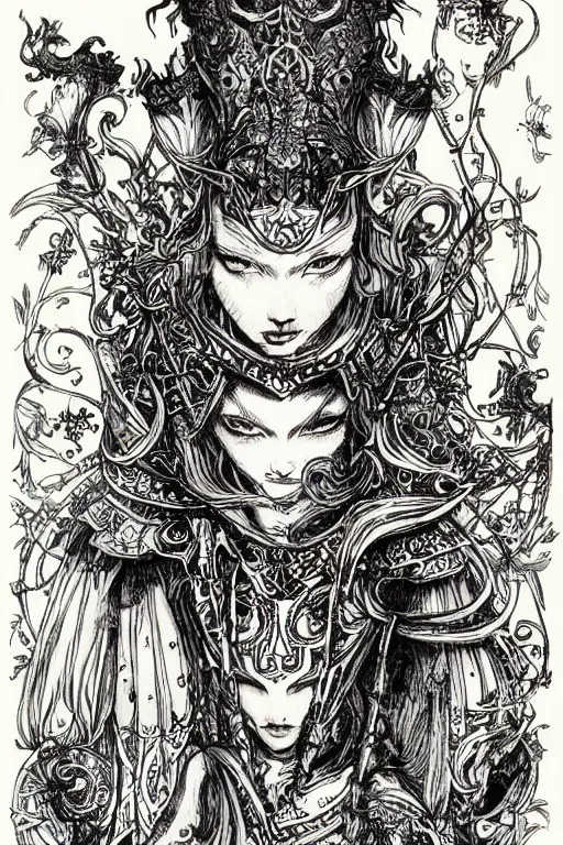 Prompt: Viking Alice in wonderland tarot card , pen and ink, intricate line drawings, by Yoshitaka Amano, Ruan Jia, Kentaro Miura, Artgerm, watercolor