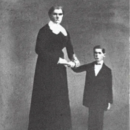 Prompt: black and white grainy newspaper photo from 1898 of an old scary lady in black suit with child, horror