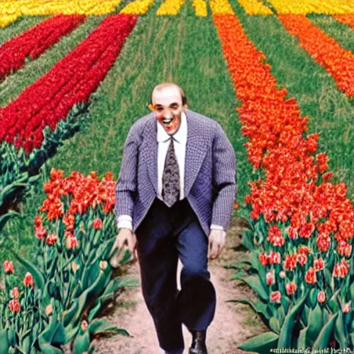 Image similar to photo of herbert butros khaury as singer tiny tim, tiptoeing through the tulips, walking on tiptoes