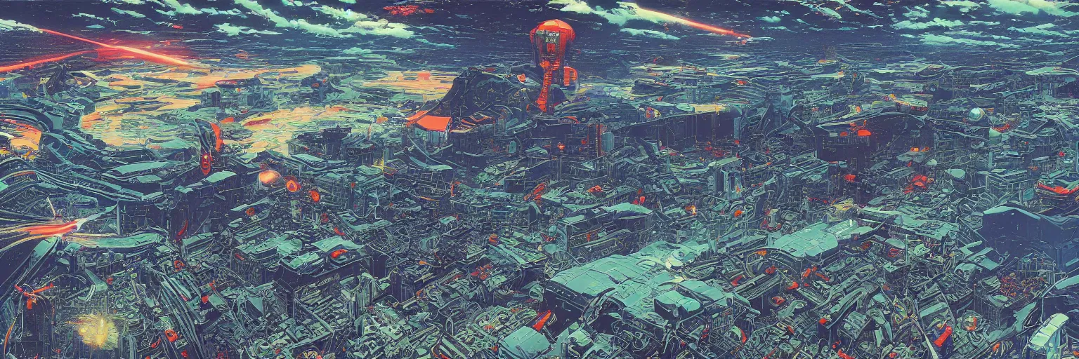 Image similar to a hyperrealistic rendering of a pop art scifi illustration panorama landscape pattern, deep color, futuristic, cyber by Peter Elson and Kawase Hasui, scifi superrealism