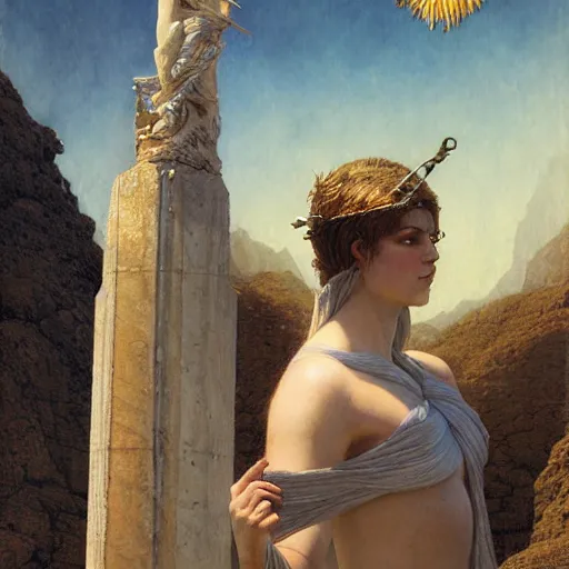 Image similar to Birth of Athena from the head of Zeus, hyperrealism, no blur, 4k resolution, ultra detailed, style of Greg Rutkowski, Carlos Schwabe, Dragan Bibin, Carl Spitzweg, Georges Desvallières, Tyler Edlin