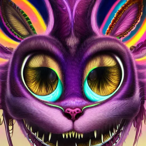 Prompt: An extremely psychedelic portrait of The Cheshire Cat, surreal, LSD, face, detailed, intricate, elegant, lithe, highly detailed, digital painting, artstation, concept art, smooth, sharp focus, illustration
