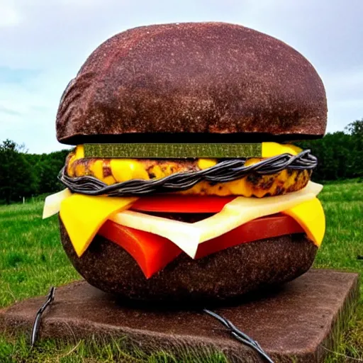 Prompt: cheeseburger sculpture made out of rusty barbed wire.