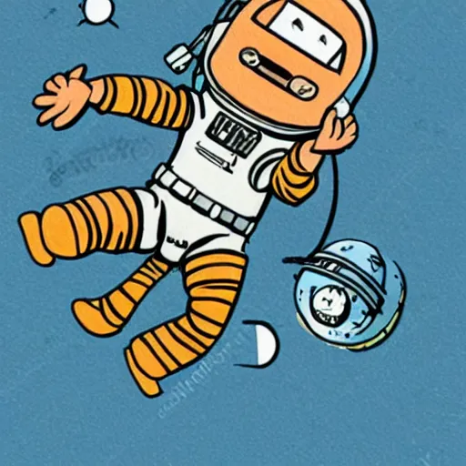 Prompt: bill watterson illustration of an astronaut drifting in space staring at the earth