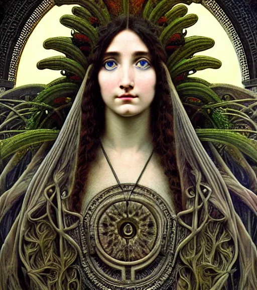 Prompt: hyperrealistic detailed face portrait of a beautiful long haired young goddess morphing into a gothic cathedral, authentic ornamental architecture, art by ernst haeckel, john william godward, android jones, h. r. giger, gothic, neo - gothic, heavily ornamental,