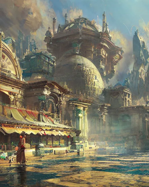 Image similar to craig mullins and ghibli digital illustration of world's columbian exposition, strong contrast, unreal engine, hyper realism, realistic shading, cinematic composition, realistic render, octane render, detailed textures, photorealistic, wide shot