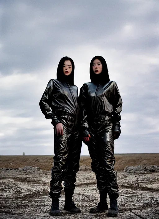 Image similar to cinestill 5 0 d photographic portrait of two loving clones, techwear women on a desolate plain, a brutalist metal building in the background, depth of field, 4 k, 8 k, hd, full color