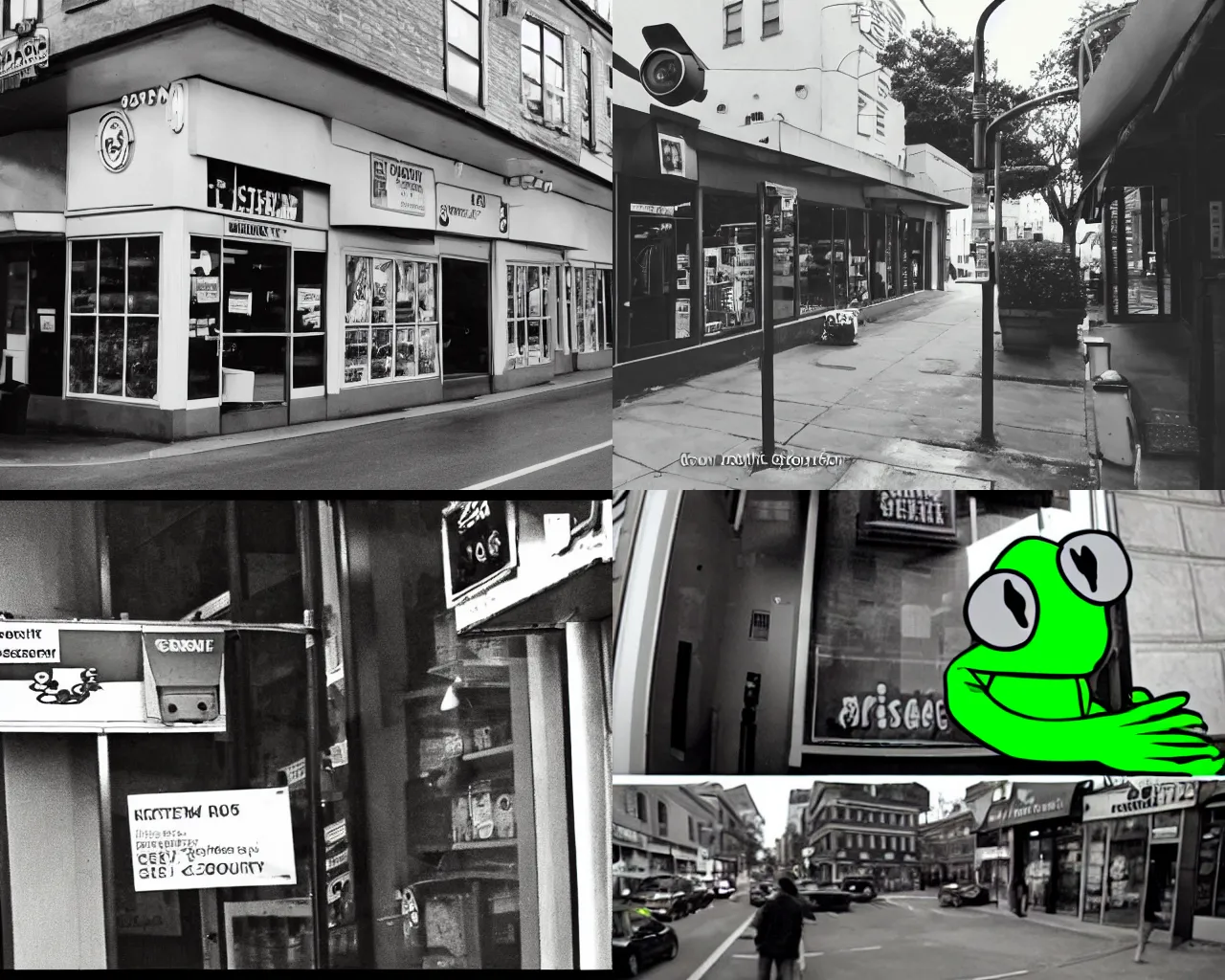 Prompt: security camera footage of kermit the frog outside corner store with time code, high exposure, high exposure, high exposure, night time footage, dark, monochrome, camera, grainy, CCTV, security camera footage, timestamp, zoomed out