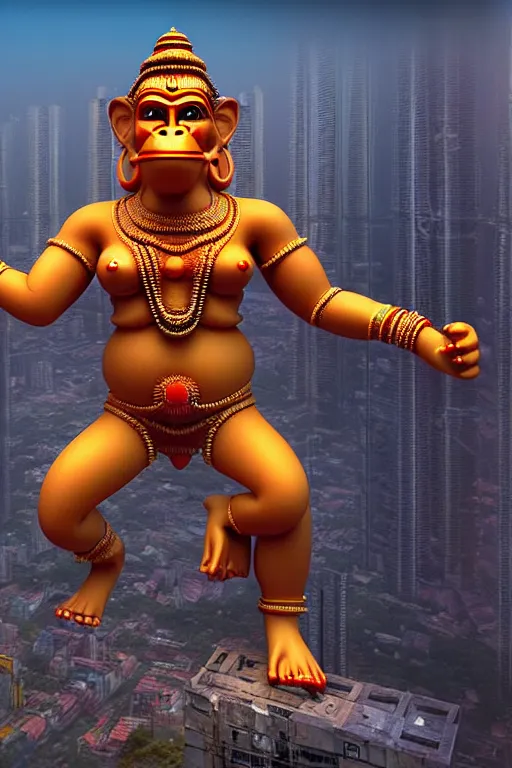 Image similar to high quality 3 d cyberpunk biomorphic hanuman! head building in the middle of mumbai!!, kalighat highly detailed, cinematic smooth, stephen shore & john j. park, soft morning light, wide shot, high angle, uhd 8 k, sharp focus