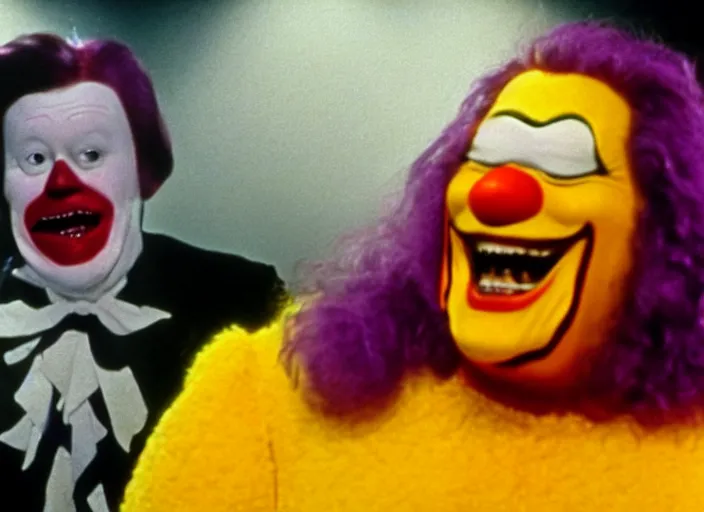 Image similar to film still of ronald mcdonald and grimace in a 1 9 8 0 s horror movie