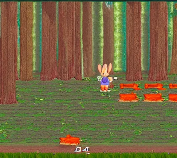 Image similar to a bunny holding a carrot in a forest, screenshot of a 1994 PS1 game