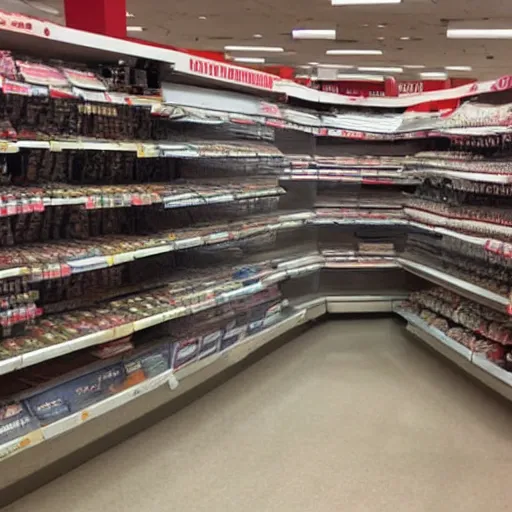 Prompt: photo of collapsed store shelves, at target, items spilled everywhere