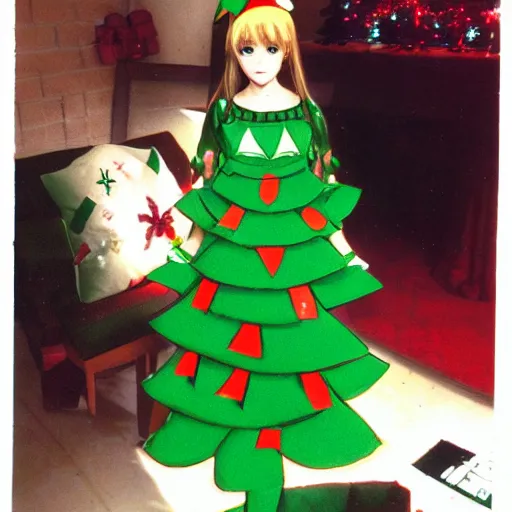 Prompt: christmas tree waifu, an anime girl dressed as a christmas tree