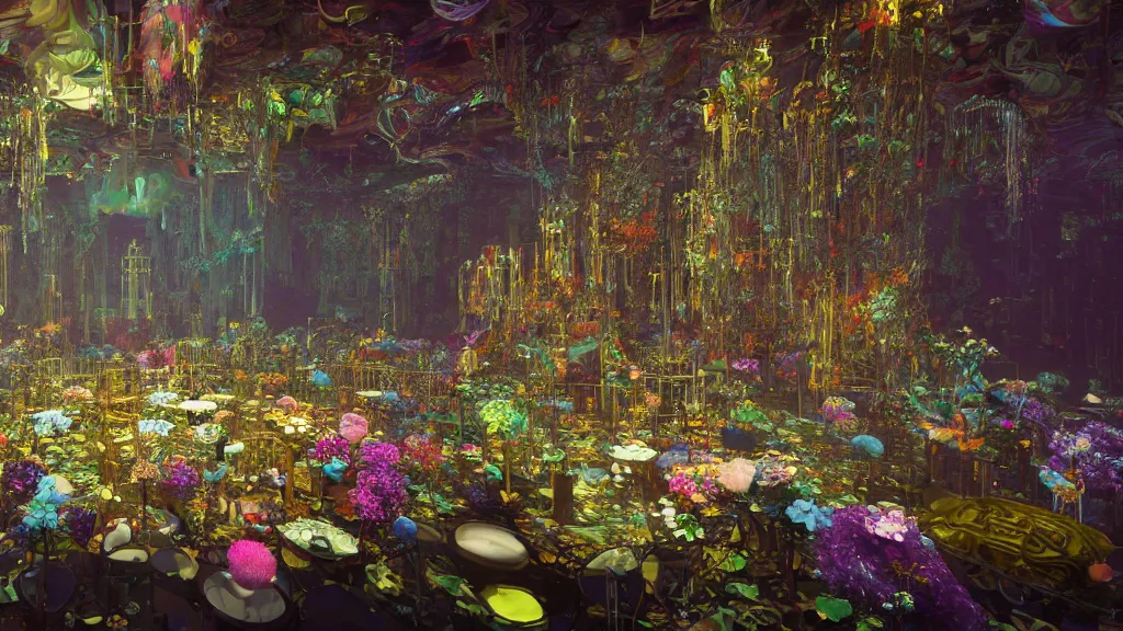 Prompt: a centered render of intricate modular synthesizer of cenacolo vinciano, shining its light across a tumultuous sea of flowers, undersea animals, gothic crystal tables and chairs by dorothea tanning and salvador dali, trending on artstation, cyber punk, soft color, unreal engine, high detailed, 8 k