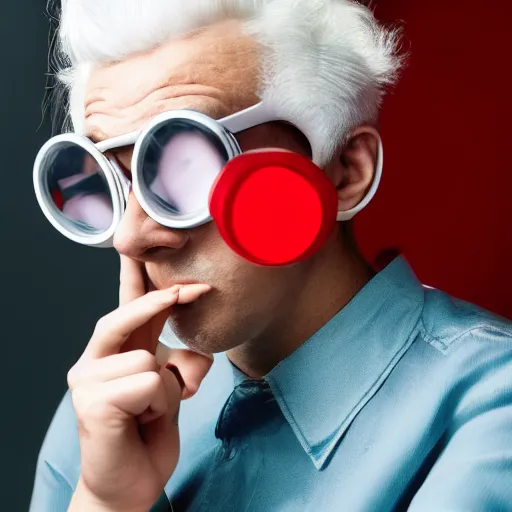 Image similar to young man in red jacket and white shirt, white hair, round goggles, smoking cigarette, character portrait, sharp focus, 4 k