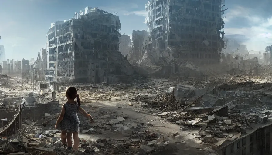 Image similar to back view, destroyed wahsington dc with collapsed buildings and little girl with teddy bear walking in the distance, sunny day, volumetric light, hyperdetailed, artstation, cgsociety, 8 k