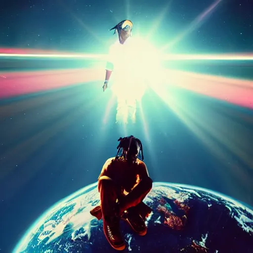 Prompt: Travis Scott sitting on a cloud over Earth, 4k, Aubrey Powell, vintage photo, lens flare, beautiful cinematography, surreal, film grain