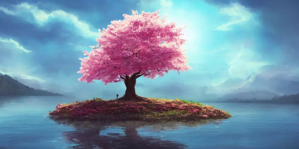 Image similar to a single sakura tree growing upon an island in a lake, illustration, light beams, digital art, oil painting, fantasy, 8 k, trending on artstation, detailed