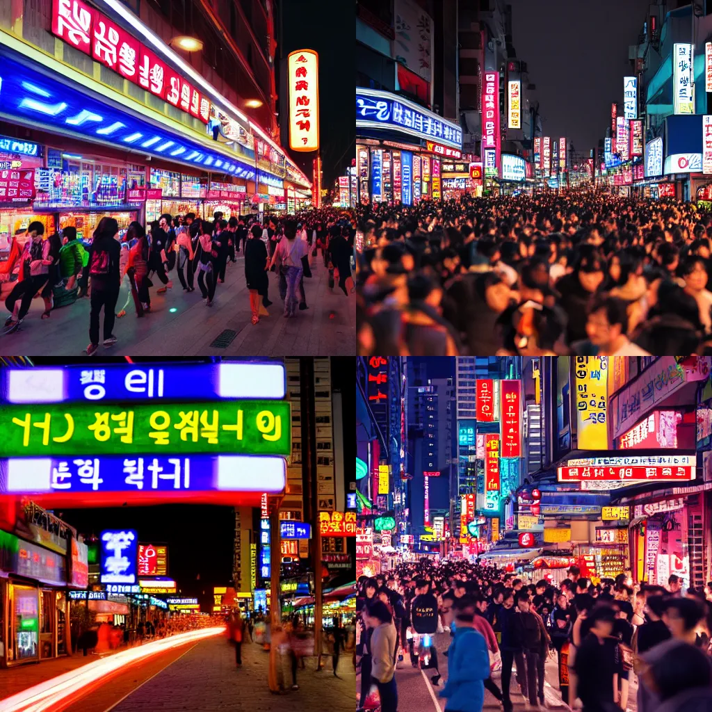 Prompt: late night photo of busy hondae South Korea, led lights, neon signs, crowds, night, ultra real, 4k