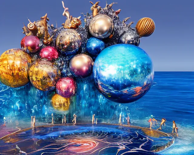 Image similar to a giant sculpture of the birth of the universe on the ocean water, in the style of jeff koons, award winning, cinematic, hyper - realistic, very detailed, realistic water splashes, ray tracing, 8 k resolution, long - shot, sharp focus, low angle, 8 5 mm photograph, wide lens