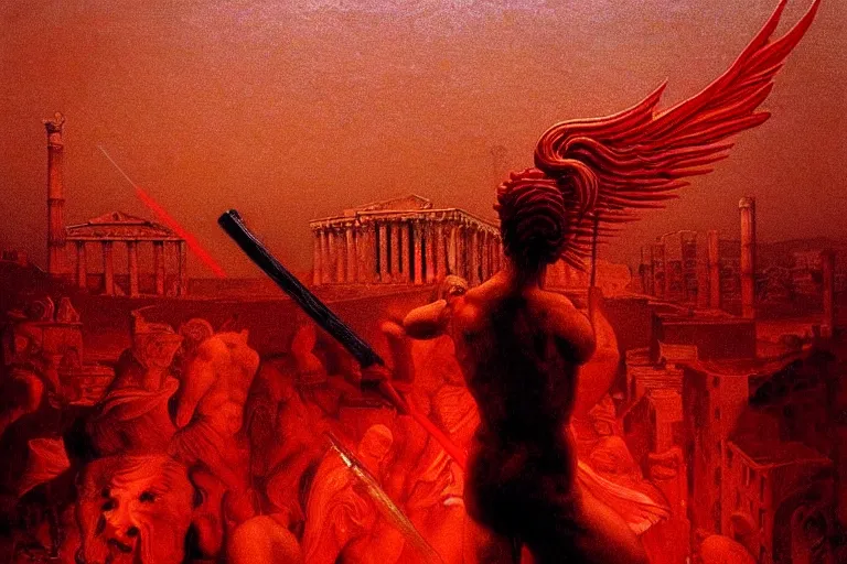 Image similar to only with red, a red melted apollo with a laurel wreath and a flaming sword announce the win, athens in the background, in the style of beksinski, part by hopper, part by rodcenko, part by hofbauer, intricate composition, red by caravaggio, insanely quality, highly detailed, masterpiece, red light, artstation