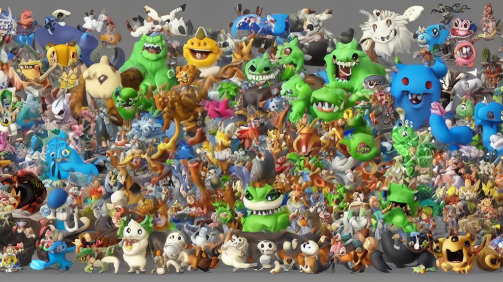 Prompt: many animals and monsters in a video game by Ken Sugimori illustration 3D render