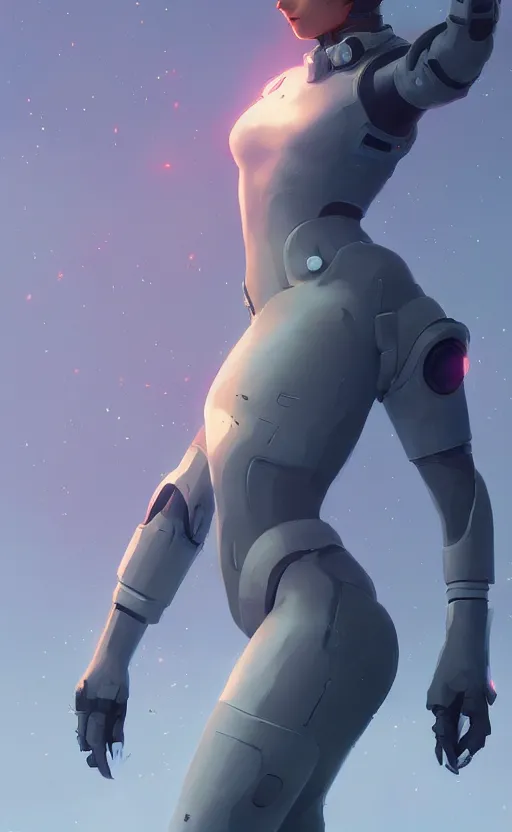 Image similar to sci fi female character, muted colored bodysuit, sci-fi large mechanical boots that go up to the thigh, soft lighting, wojtek fus, by Makoto Shinkai and Ilya Kuvshinov,