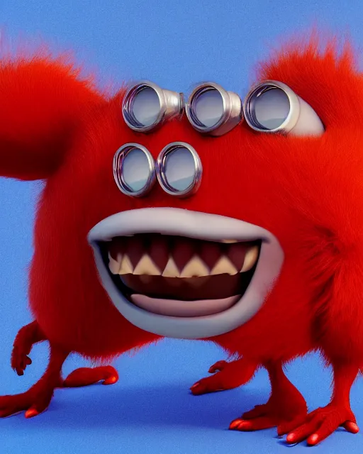 Image similar to 3 d render of completely red hairy cute antropomorphic cartoony creature wearing chrome shades, without nose, full body, in the style of pixar, white background, unreal engine 5, octane render, highly detailed hdr