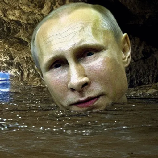 Image similar to photo inside a cavern of a wet reptilian humanoid putin partially hidden behind a rock