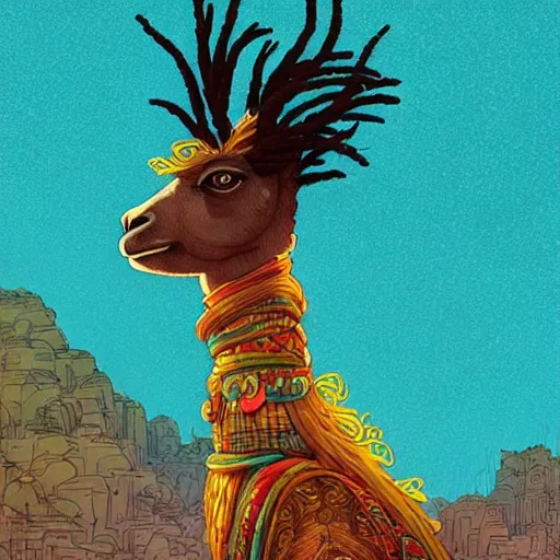 Prompt: llama with dreadlocks, heroic pose, by Victo Ngai | Graphic Novel, Visual Novel, Colored Pencil, Comic Book:.3 | unreal engine:.5 | establishing shot