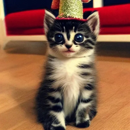 Image similar to a cute kitten wearing a silly hat