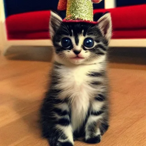 Prompt: a cute kitten wearing a silly hat