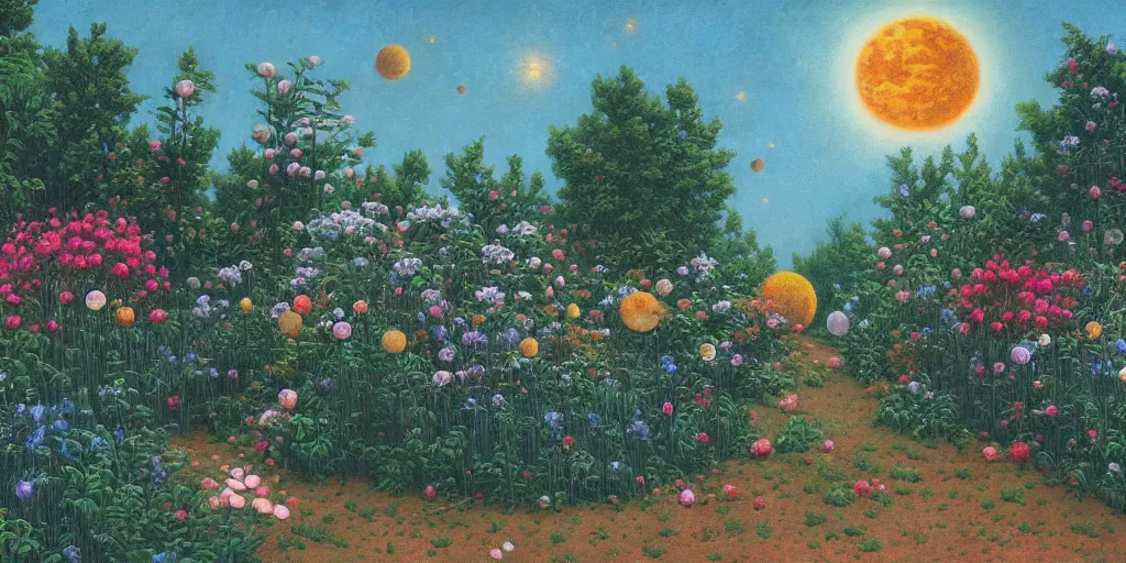 Image similar to a flowering garden on the moon, 👽🤖, impasto paint in the style of martin johnson heade and mark ryden,