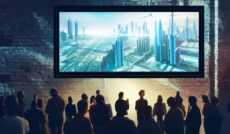 Prompt: crowd of people in simple windowed warehouse, looking at hologram of futuristic city on a table, cinematic concept art, godrays, golden hour, natural sunlight, 4 k, clear details, tabletop model buildings, center model buildings, hologram center, crane shot, crane shot, crane shot