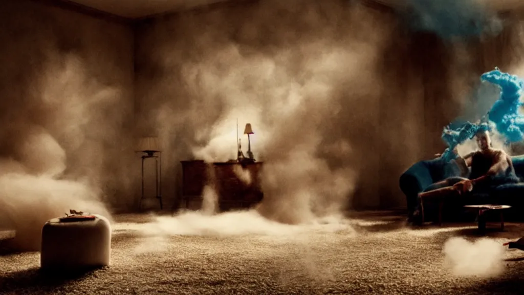 Image similar to colored powder explosion in the living room, film still from the movie directed by Denis Villeneuve with art direction by Salvador Dalí, wide lens